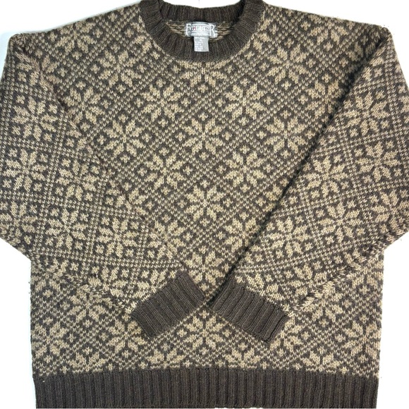 Vintage 90s Fogcutter Moss Brown Nordic Print 100% Wool Heavy Winter Sweater‎ XL